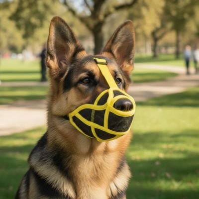 malinois portant Muselière pour chien​ jaune est assis dans parc