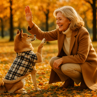 shiba inu portant manteau chien joue avec dame dans un parc en automne