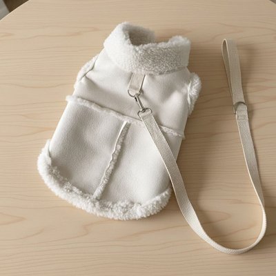 Manteau Chien blanc sur table beige