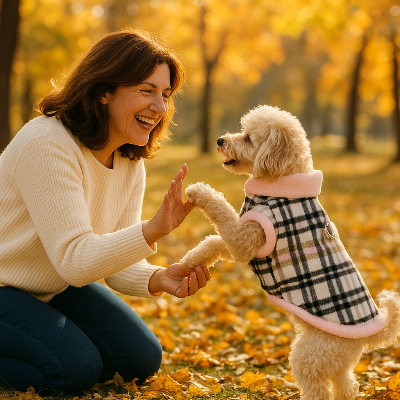 caniche beige portant manteau chien joue avec dame dans un parc en automne