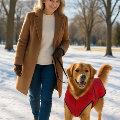 golden retriever portant manteau pour chien marche avec dame en hiver