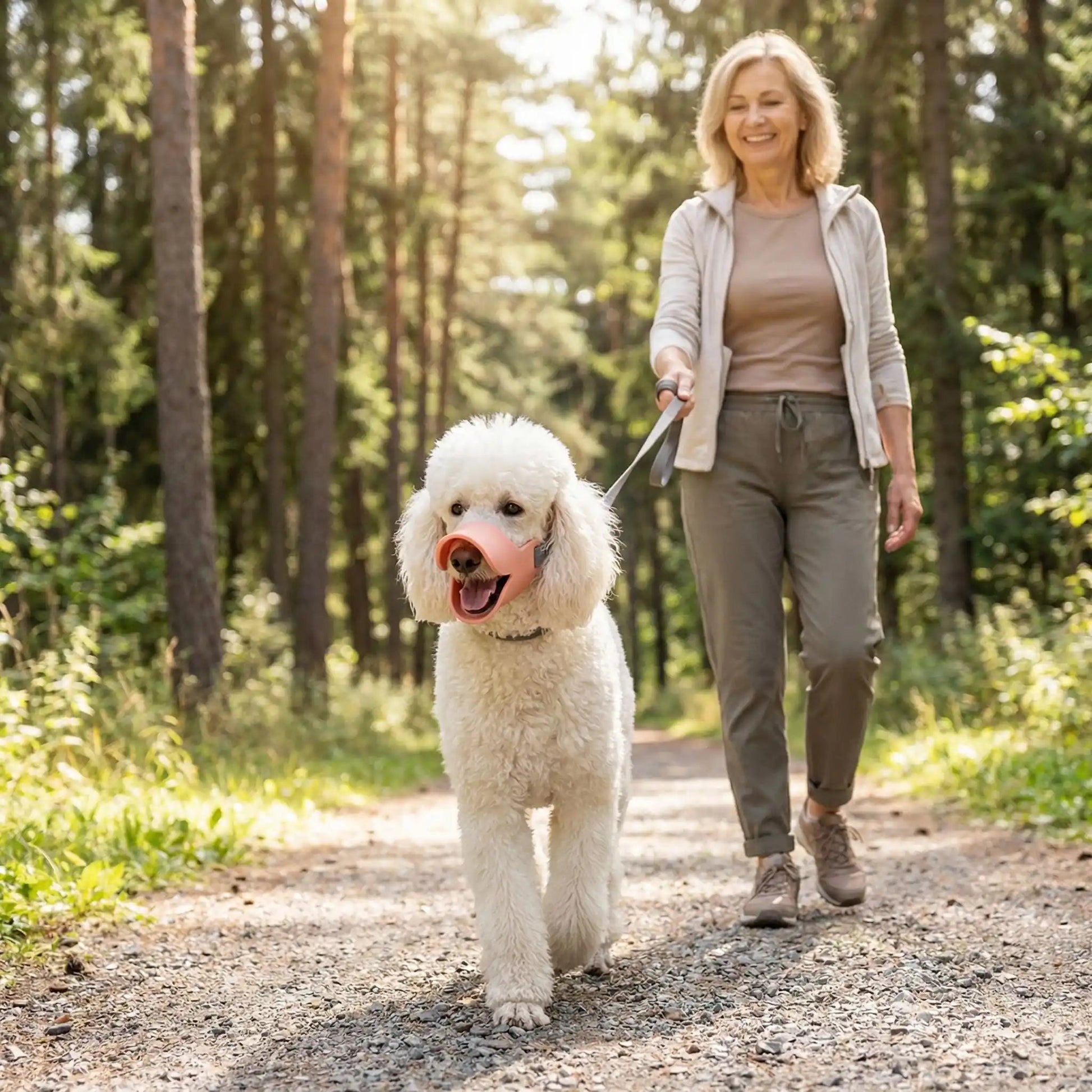 caniche blanc portant muselière chien rose marche avec dame sur sentier en forêt