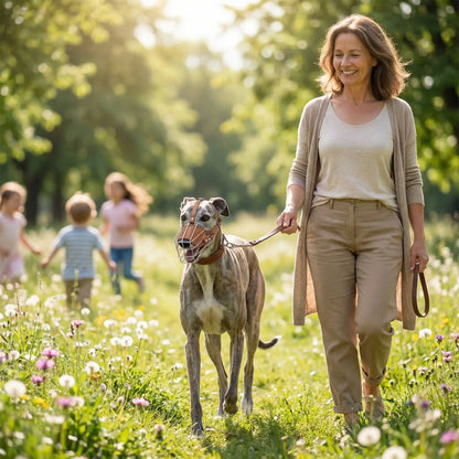 lévrier portant muselière pour chien marche en laisse avec dame dans parc