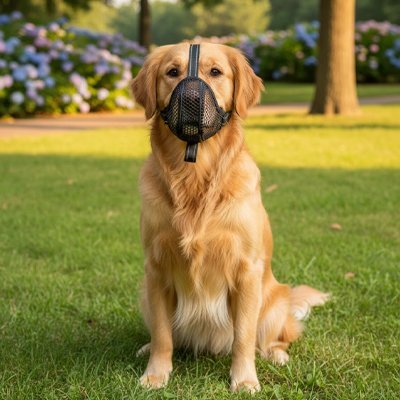 golden retriever portant Muselière pour chien​ est assis sur pelouse dans un parc