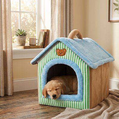 chiot dort dans Niche chien interieur