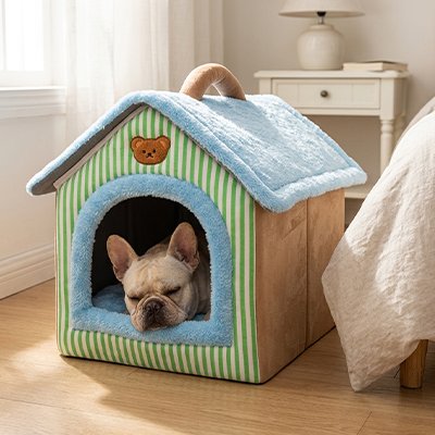 frenchie dort dans Niche chien interieur