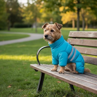 norfolk terrier portant Manteau pour Chien est assis sur banc de parc