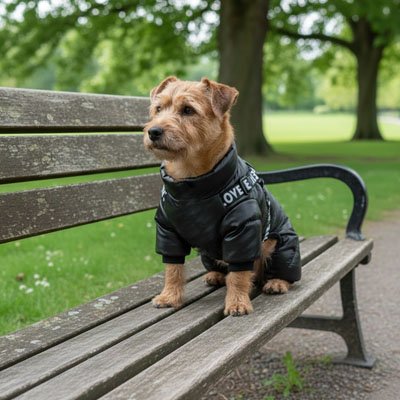 norfolk terrier portant Manteau pour Chien est assis sur banc de parc