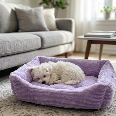 bichon dort dans Panier Chien violet