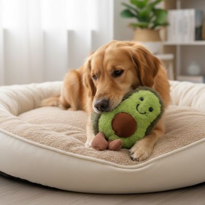 golden retriver joue avec Peluche Chien sur moquette