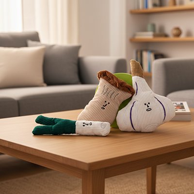 Peluche pour chien sur table de bois
