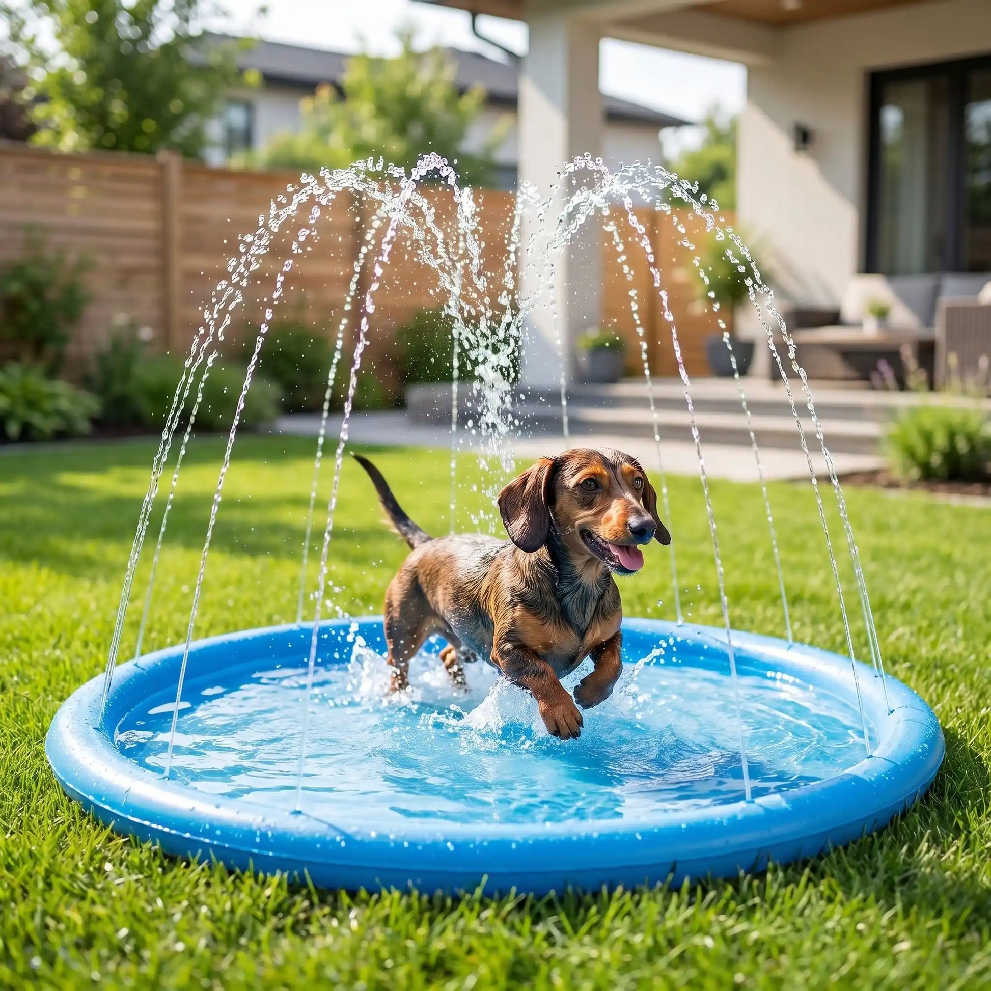 teckel joue dans piscine chien sur pelouse