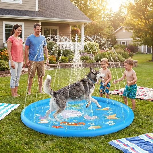 husky joue dans piscine chien avec enfants et parents 