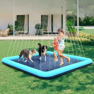 2 chiens et 2 enfants jouent dans piscine pour chien xxl dans cour arrière de maison