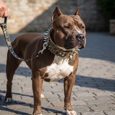 pitbull brun portant collier chien clouté marche sur pave