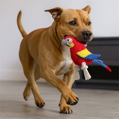 pitbull joue avec Peluche Chien sur plancher