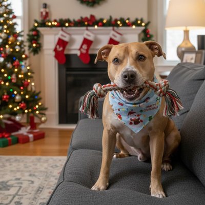 pitbull portant Bandana Pour Chien est assis sur canapé
