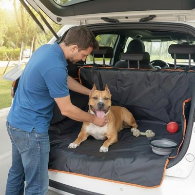 pittbull couché sur  Protection chien voiture arrière de SUV avec jeune homme debout qui le cajole
