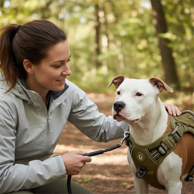pittbull portant Harnais chien est avec son maitre en foret