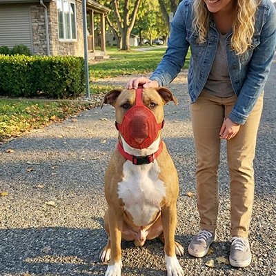 pittbull portant Muselière pour chien est assis sur sentier de pierres avec dame
