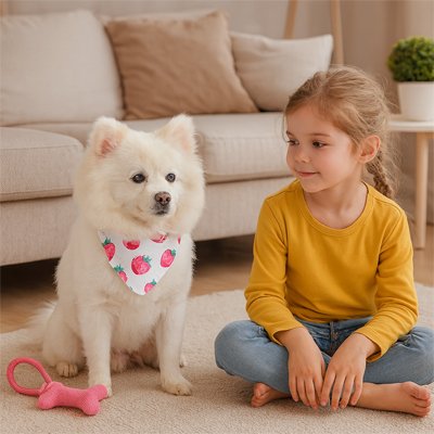 poméranien blanc portant Collier Bandana Chien est assis au sol avec gamine