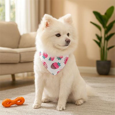 poméranien blanc portant Collier Bandana Chien est assis au sol