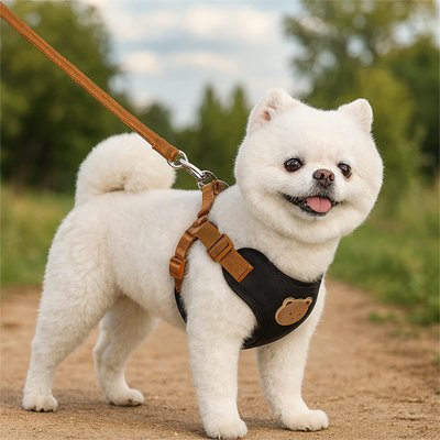 pomeranien blanc portant Harnais pour petit Chien sur sentier pedestre