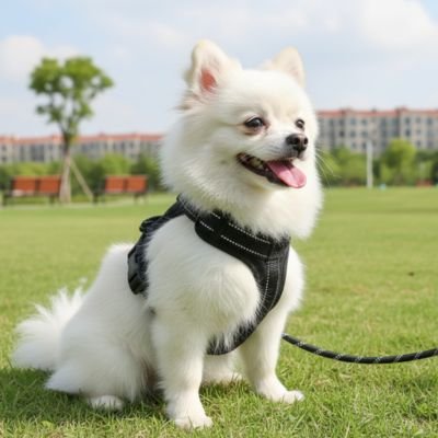 poméranien blanc portant Harnais pour petit Chien noir en laisse sur pelouse 