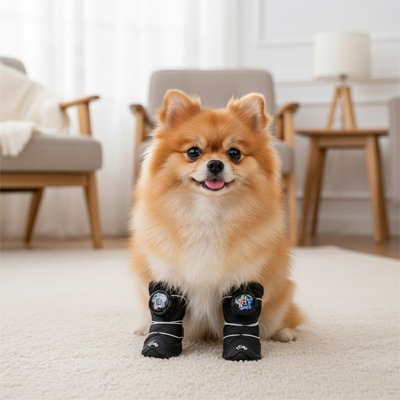 poméranien blond porte Chaussures pour chien sur moquette blanche