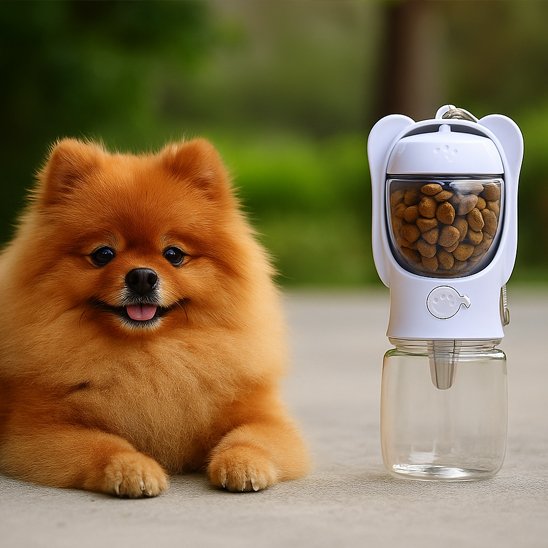 pomeranien brun couche a cote de Gourde pour chien​