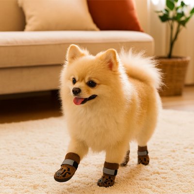 poméranien brun portant Chaussette chien marche sur moquette beige