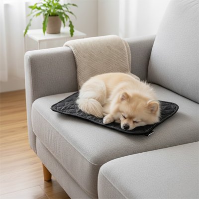 pomeranien dort sur Tapis absorbant Chien noir pose sur canape gris