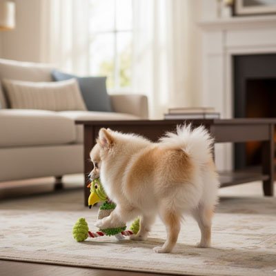 poméranien joue avec Peluche Chien en forme de flamant sur moquette de salon