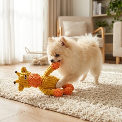 poméranien joue avec Peluche Chien sur moquette