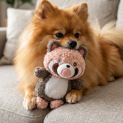 poméranien mordille Peluche pour chien sur canapé