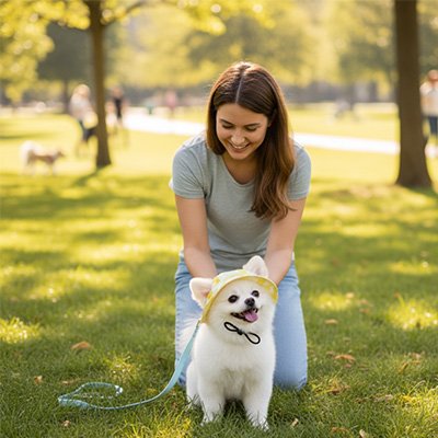 poméranien portant Casquette chien​ est assis dans parc avec fille