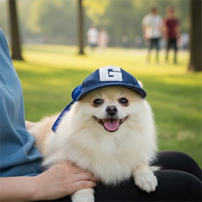 poméranien portant Casquette chien​ est couché sur cuisse de dame