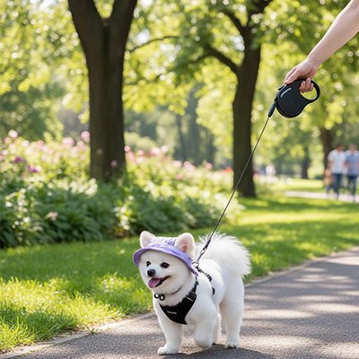 poméranien portant Casquette chien​ marche sur sentier de parc