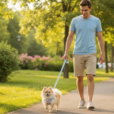 pomeranien portant Harnais pour petit Chien marche sur sentier avec homme