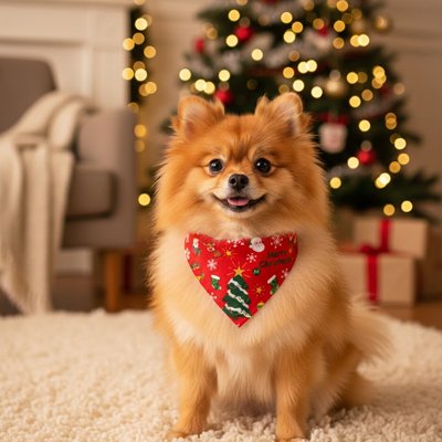 poméranien porte Bandana pour Chien près de arbre de noël