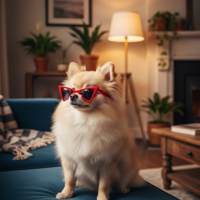 poméranien porte Lunette de soleil chien assis sur canapé bleu