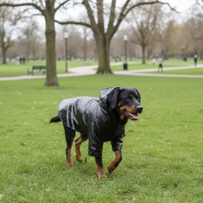rottweiler portant Manteau pour Chien bleu court sur pelouse sous pluie