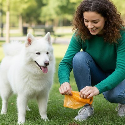 jeune femme utilise Sac a crotte​ chien pour son samoyède