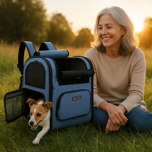 dame assisi sur herbe avec chien qui sort de sac à dos chien 