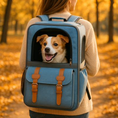 femme porte chien dans sac à dos chien bleu