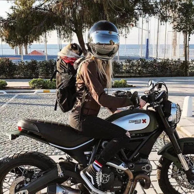 chien dans sac à dos pour chien sur le dos de femme sur moto
