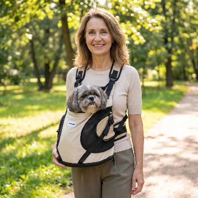 dame porte shitsu dans sac de transport pour chien écru dans parc