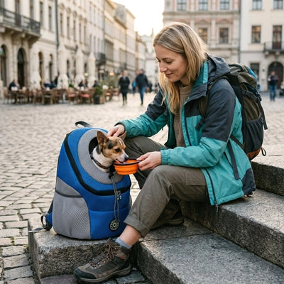 dame assise sur marche de pierre et donne à boire à chien dans sac de transport pour chien