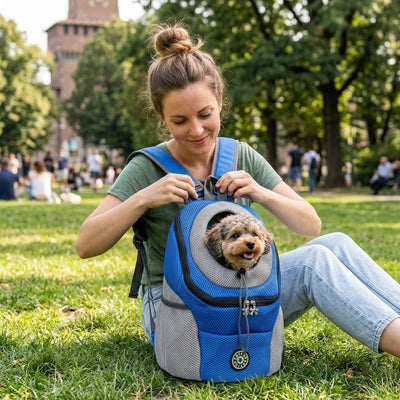 dame assise sur pelouse de parc avec son chien dans sac de transport pour chien par terre