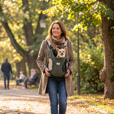 dame porte chihuahua dans sac de transport pour chien gris foncé